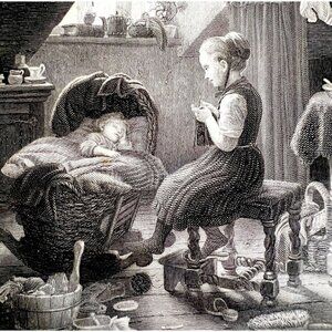 1859 Steel Engraving Watching The Baby Victorian Sisters Family Life Art DWY5D